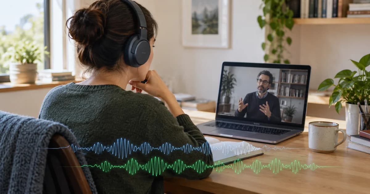 A learner watching an online lecture through headphones, with offset blue and green sound waves suggesting a small delay in translated speech