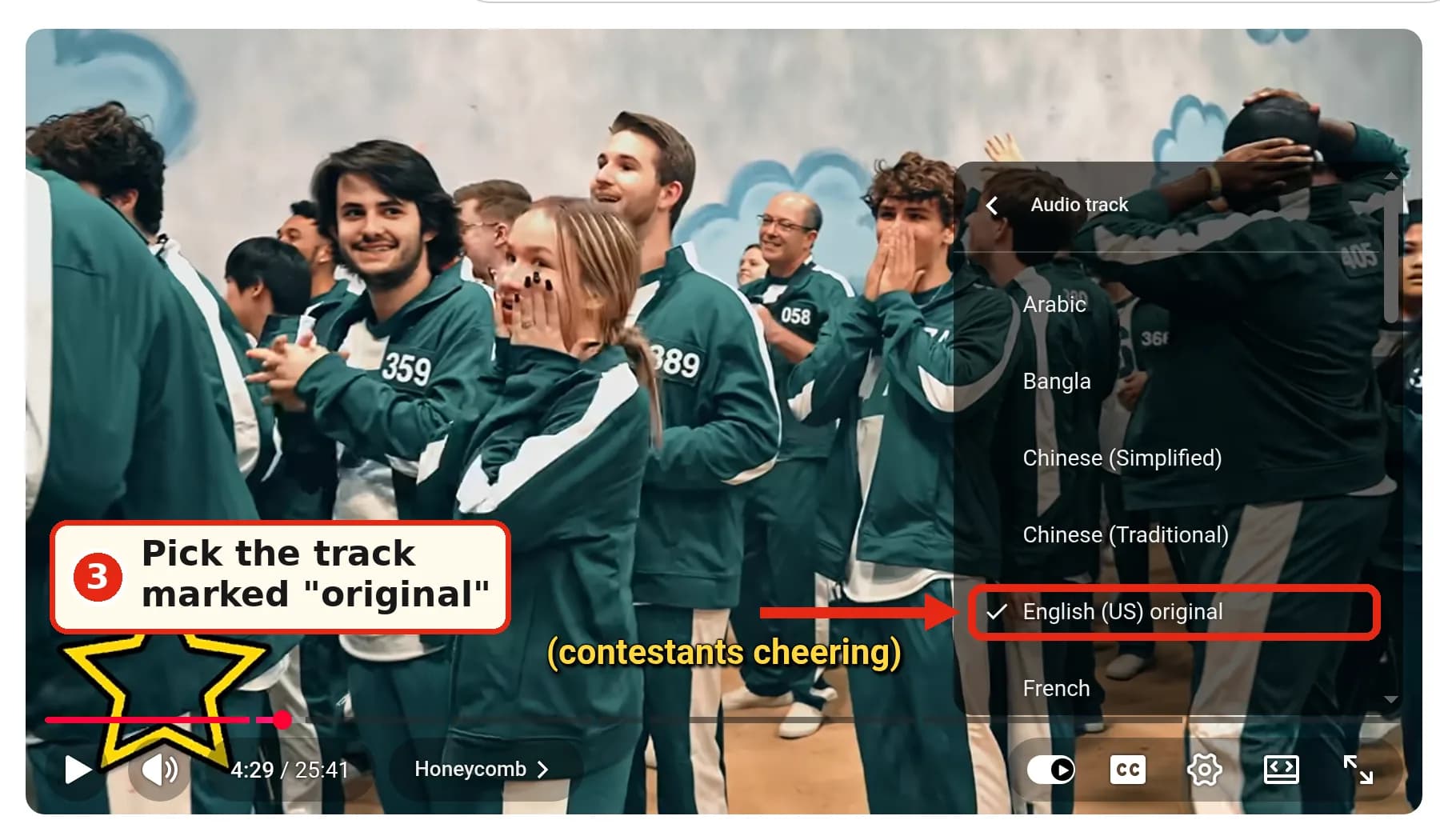 Desktop YouTube: the Audio track list with English (US) original selected