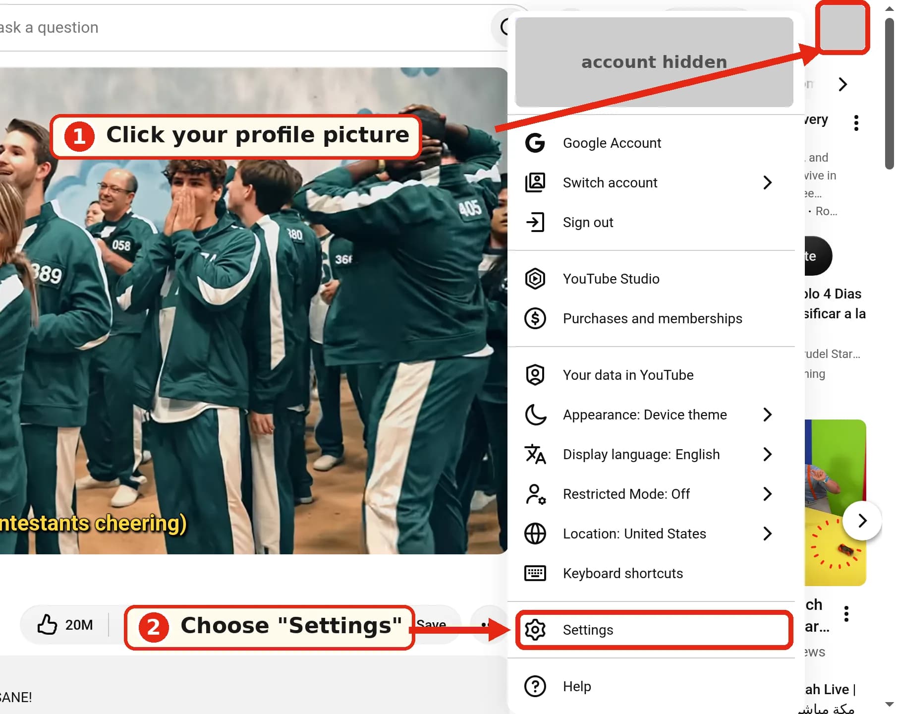 Desktop YouTube: the profile picture menu with the Settings item highlighted