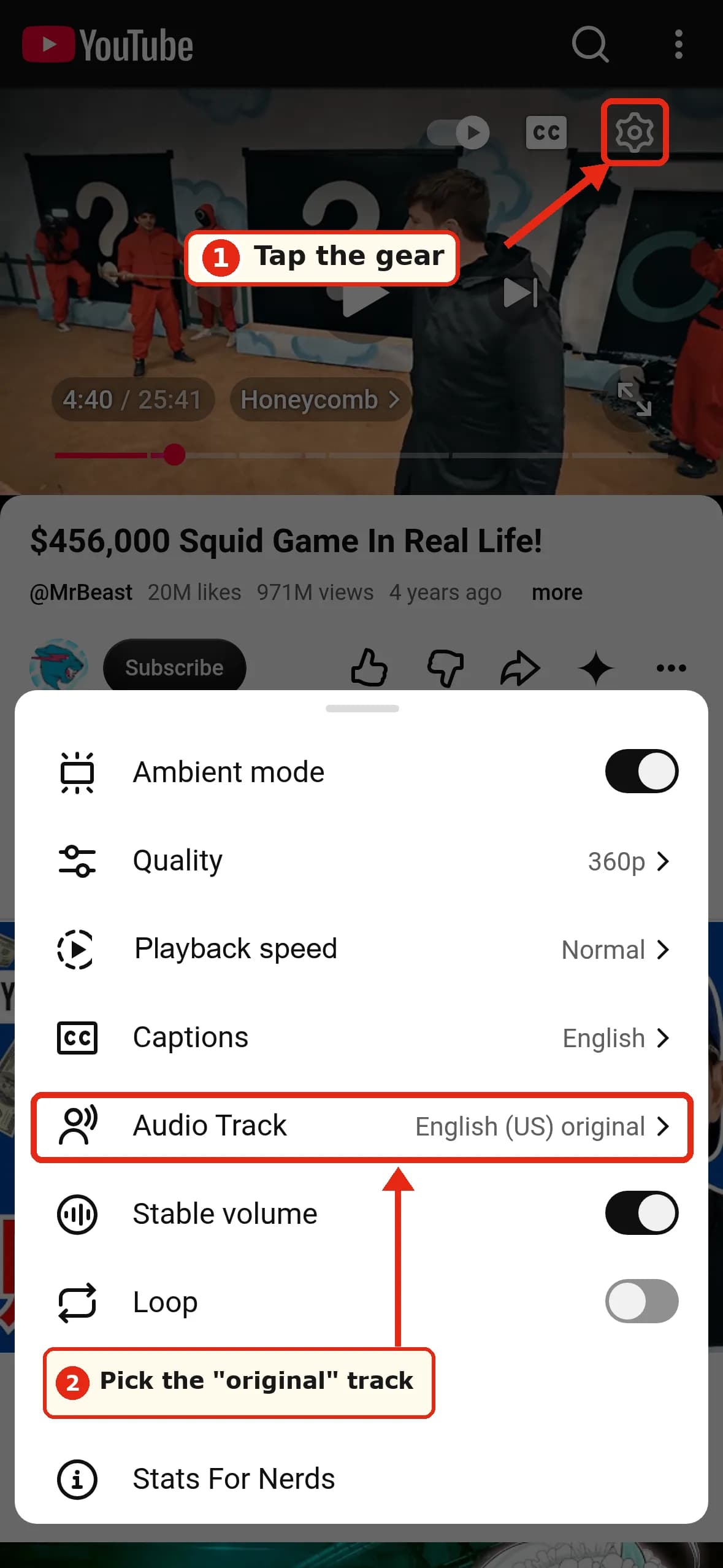 m.youtube.com player settings sheet with the Audio Track row highlighted
