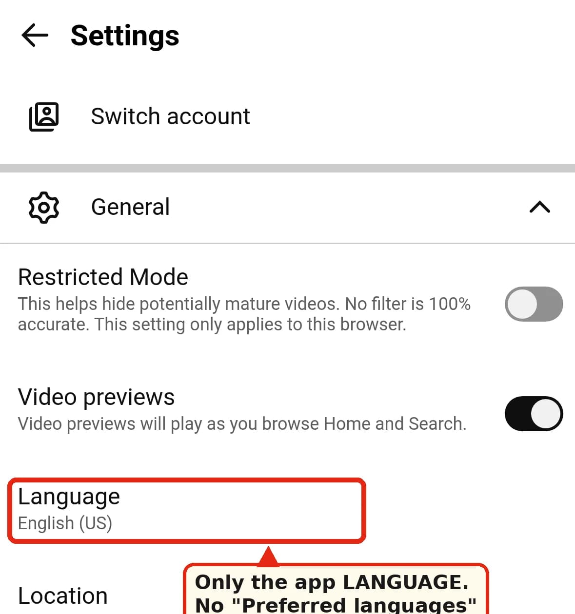 m.youtube.com Settings: the General section shows Language, Location and Appearance, with no Preferred languages