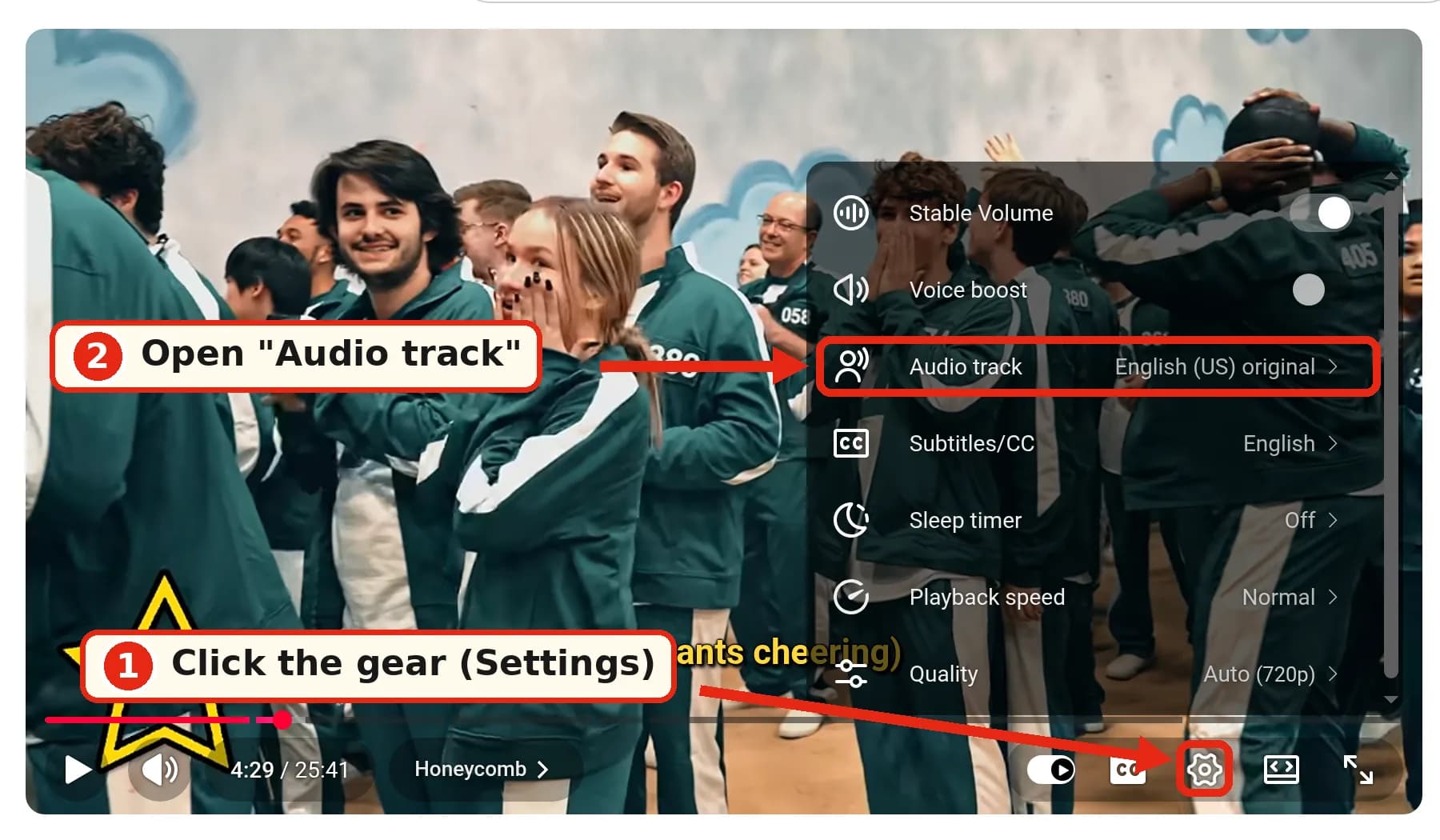 Desktop YouTube player: the gear menu with the Audio track row highlighted, showing English (US) original