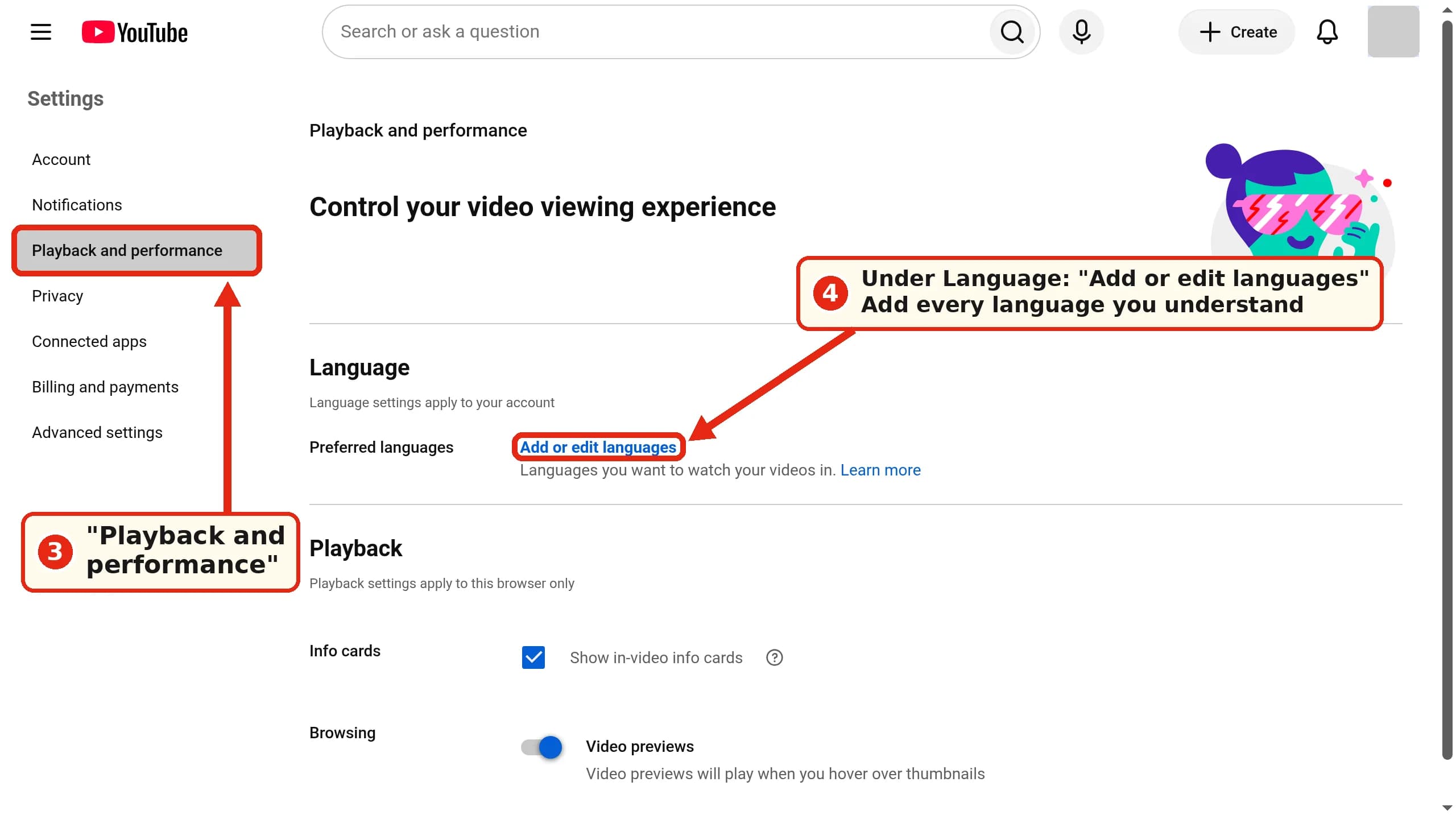 Desktop YouTube Settings: the Playback and performance page with Add or edit languages next to Preferred languages