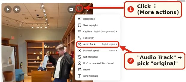 Desktop YouTube Shorts: the More actions menu with the Audio Track item highlighted