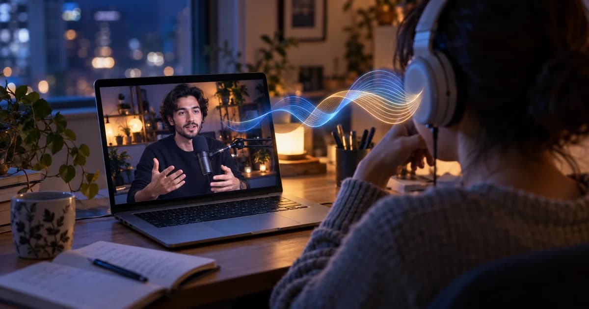 A viewer listening to a spoken live stream through headphones, with sound waves suggesting translated audio