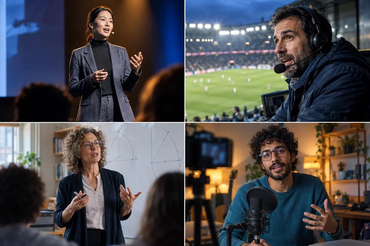 Four spoken live-stream settings: a product launch, sports commentary, a lesson, and an independent creator