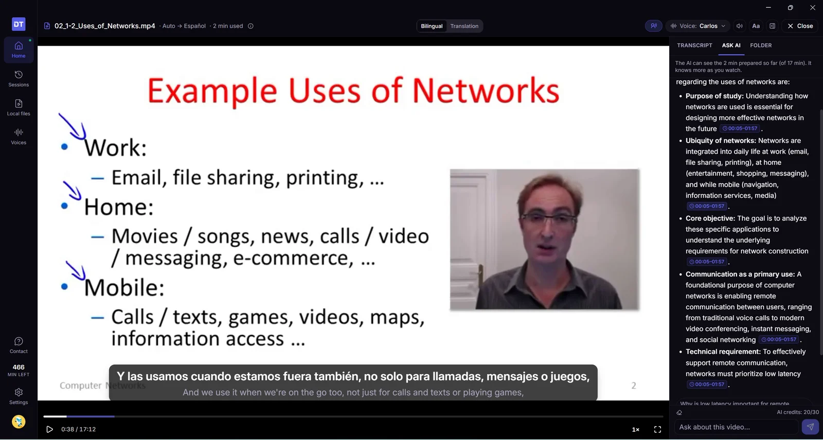 Ask AI beside the player, answering a question about the lecture with time links to the moments each point comes from