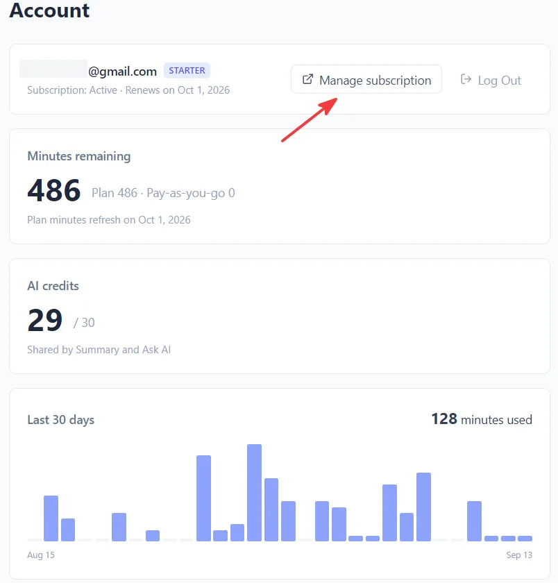 Account page with the Manage subscription button highlighted, next to the account email, the plan badge and the renewal date.