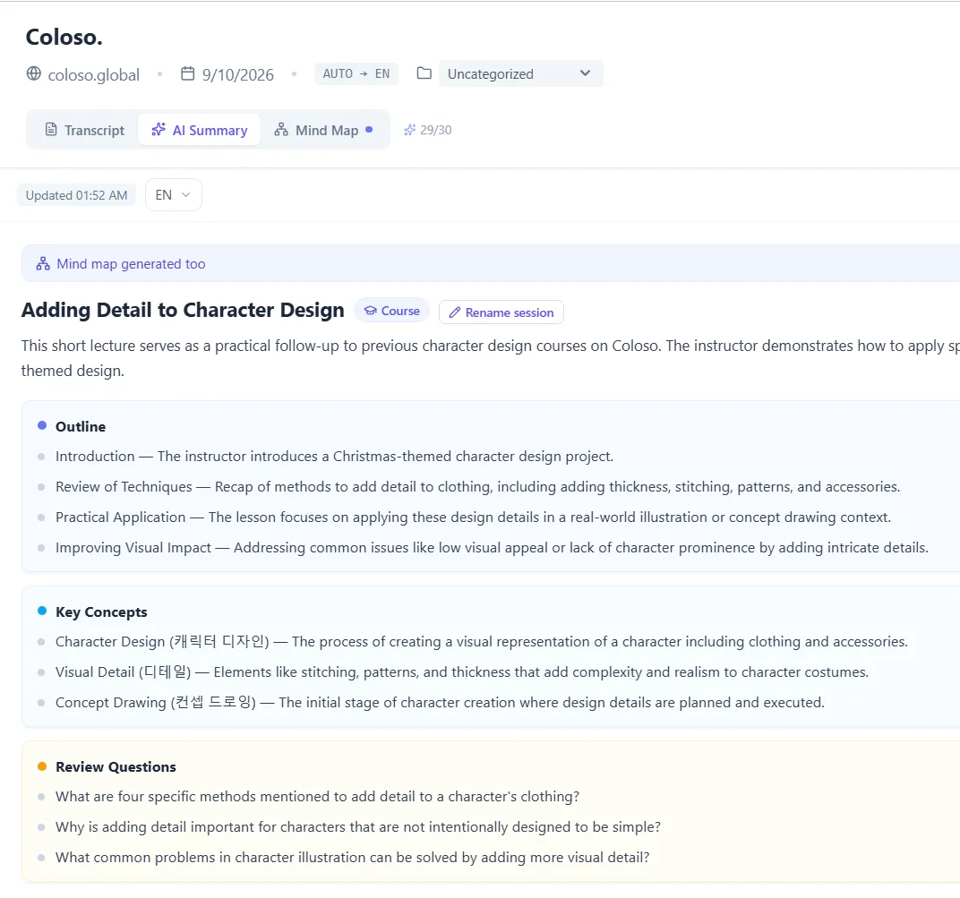 AI Summary tab showing a titled recap of a lecture with Outline, Key Concepts and Review Questions sections, and a note that a mind map was generated too.