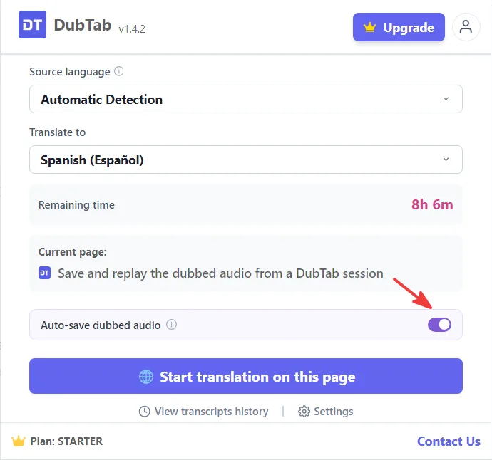 DubTab popup with the Auto-save dubbed audio switch turned on and highlighted, directly above the Start translation button.