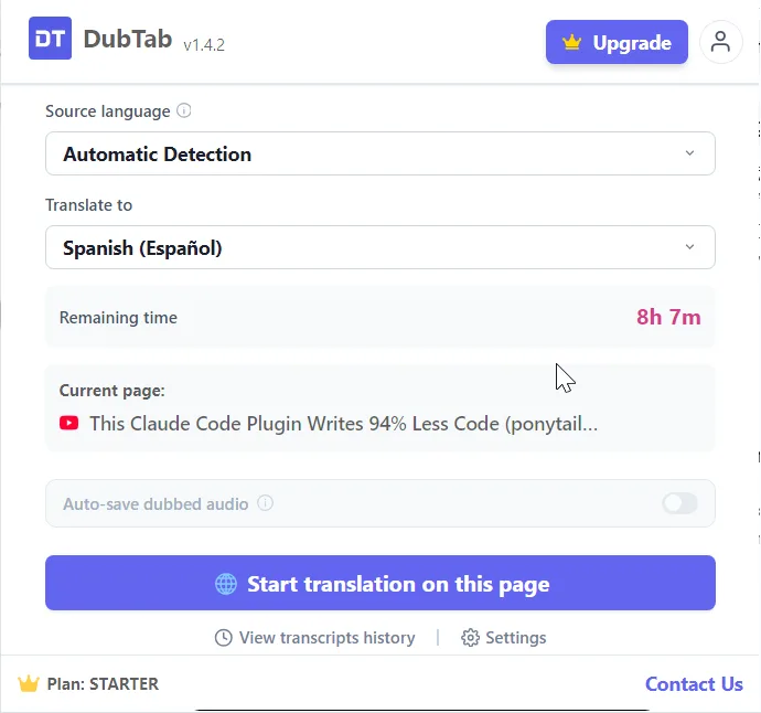 DubTab popup with Source language set to Automatic Detection, Translate to Spanish, remaining time, the title of the current page, and a Start translation button.
