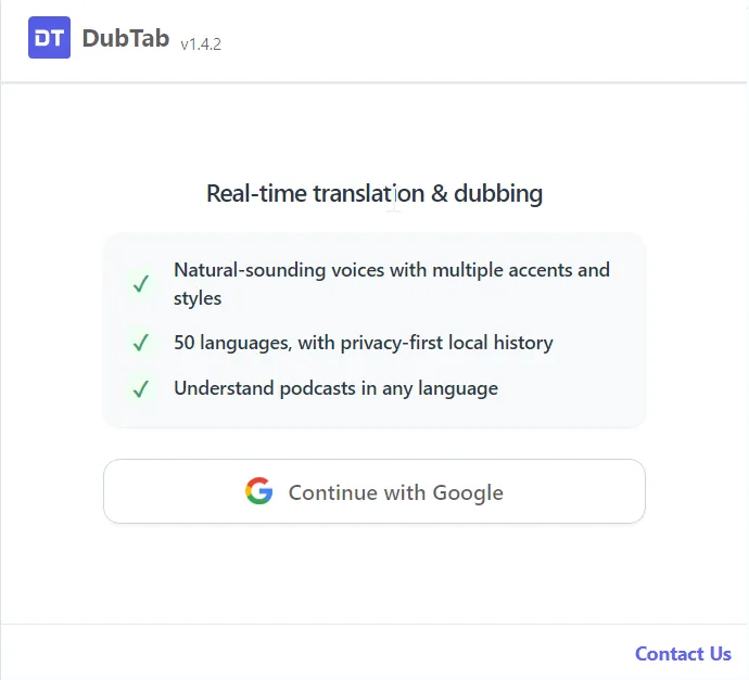 DubTab popup showing the product name, three feature lines, and a Continue with Google button.