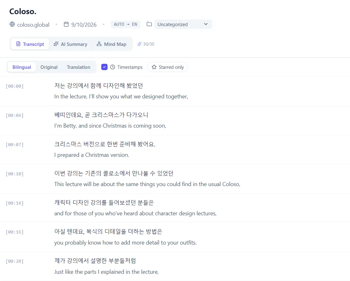 Transcript view showing Korean lines each followed by their English translation, with timestamps down the left and Bilingual, Original and Translation tabs above.